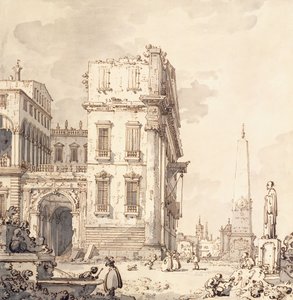 Kaprys weneckiego pałacu Z widokiem na plac z obeliskiem, autorstwa Giovanni Antonio Canal
