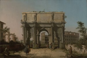Widok Łuku Konstantyna z Koloseum, 1742-5 autorstwa Giovanni Antonio Canal