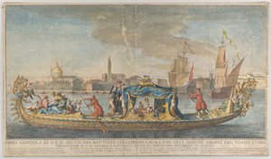 Bogato zdobiona pierwsza gondola Ambasadora Giovanniego Battisty Colloreado wjeżdżającego..., 1720-30. autorstwa Giovanni Antonio Faldoni