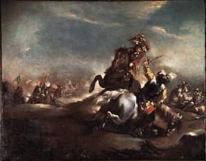 Pojedynek rycerski (walczący rycerze) Obraz Giovanniego Antonio Guardi (1699-1760) Museo Correr w Wenecji