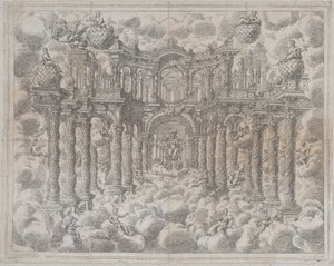 Płyta 2 [przeciwdowód]: Zestaw sceniczny z alegorycznymi postaciami siedzącymi wśród chmur, z..., 1690. autorstwa Giovanni Antonio Lorenzini