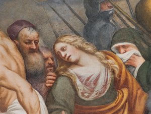 Nawa główna, drugie przęsło południowe, Jezus upada pod krzyżem, Il Pordenone autorstwa Giovanni Antonio Pordenone