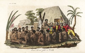 Os nativos havaianos oferecem um porco de sacrifício ao capitão James Cook diante de 12 sacerdotes e um ídolo de madeira na casa sagrada de Orono. Placa de cobre colorida à mão gravada por Sasso após John Webber de Giulio Ferrario