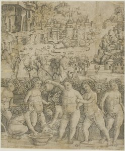 Siedem amorków z dwoma baranami w krajobrazie autorstwa Giovanni Antonio da Brescia