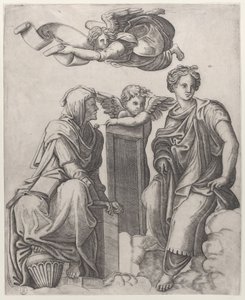 Dwie kobiece postacie siedzące w chmurach po bokach anioła i jedna przelatująca nad ..., ca. 1510-25. autorstwa Giovanni Antonio da Brescia