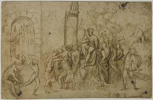 Akrobaci występujący przed linijką (recto); Scena plenerowa z grupą postaci (verso) autorstwa Giovanni Antonio da Pordenone