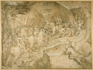 The Road to Calvary (pióro i brązowy tusz z brązowym lakierem) autorstwa Giovanni Battista  Castello