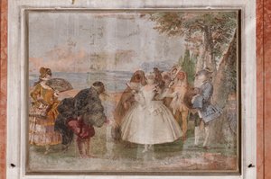 Kwatery Gościnne, Sala Scen Karnawałowych: „Pantalone i Columbina”, scena z maskami autorstwa Giovanni Battista Tiepolo