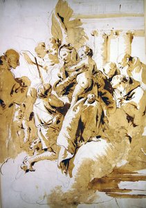 Madonna z Dzieciątkiem z Aniołami, Świętymi i Dzieciątkiem Jan Chrzciciel (pióro i brązowy tusz oraz pranie na papierze) autorstwa Giovanni Battista Tiepolo