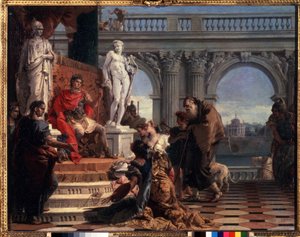 Mecenowie prezentujący sztukę Augustowi. Caius Cilnius Mecenas (lub Mecene) (około 70 pne-8 pne) polityk rzymski, który poświęcił swoją fortunę i wpływy na promocję sztuki i pisma wśród autorstwa Giovanni Battista Tiepolo