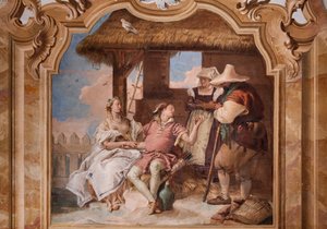 Palazzina (Mały Budynek): drugi pokój lub pokój Ariosto z freskami przedstawiającymi epizody z „Orlando Furioso”: „Angelica i Medoro w domu pasterzy” autorstwa Giovanni Battista Tiepolo