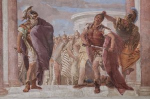 Palazzina (Mały Budynek): widok pierwszego pokoju i jego fresków przedstawiających epizody z Iliady: „Athena uniemożliwia Achillesowi dobyć miecza przeciwko Agamemnonowi”, szczegół autorstwa Giovanni Battista Tiepolo