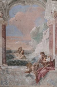 Palazzina (Mały Budynek): widok pierwszego pokoju i jego fresków przedstawiających epizody z Iliady: „Achilles we łzach, podczas gdy jego matka Tetyda wynurza się z morza, aby go pocieszyć” autorstwa Giovanni Battista Tiepolo