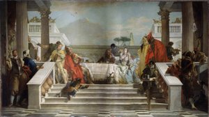 Uczta Kleopatry. Królowa egipska (69-30 pne) jest prawdopodobnie przedstawiana z rzymskim politykiem i generałem Markiem Antoniuszem (Marcus Antonius, 83-30 pne). (Uczta Kleopatry). Obraz Giambattisty Tiepolo (1696-1770). Olej na t autorstwa Giovanni Battista Tiepolo