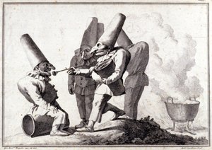 Grupa Pulcinella (włoska polichinelle). Rysowanie długopisem i mycie ołówkiem przez Giovanni Battista (Giambattista) Tiepolo (1696-1770). autorstwa Giovanni Battista Tiepolo