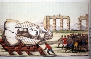 Transport popiersia Memnona nad brzegiem Nilu przez firmę Belzoni. Giovanni Battista (Gianbattista) Belzoni (1778-1823), włoski odkrywca i archeolog, dokonał ważnych odkryć archeologicznych w Egipcie. Grawerowanie - w „” Viaggio in Egitto e autorstwa Giovanni Battista (after) Belzoni