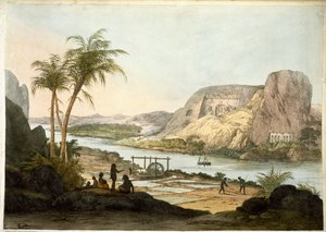 Widok zewnętrzny dwóch świątyń w Abu Simbel, z płyt ilustrujących naukowców w Egipcie i Nubii, opublikowanych w 1822 r.
