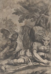 Lew na powalonym jeźdźcu po prawej, z dwoma innymi żołnierzami po lewej, 1640-70.