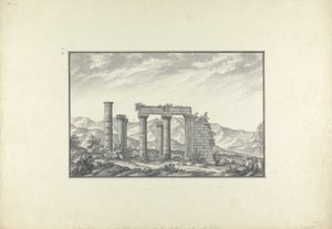 Widok ruin świątyni jońskiej w Sardes, prawdopodobnie świątyni Neptuna, ok. 1750 (szary wash, długopis i atrament i ołówek na papierze) autorstwa Giovanni Battista Borra