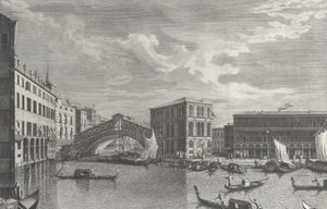 Most Rialto w Wenecji, z łodziami i gondolami na wodzie, 1763.