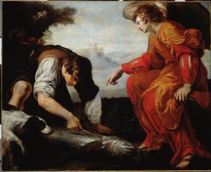 Tobie spotyka Archanioła Rafaela (Tobiasz spotyka Archanioła Rafała) Obraz Giovanniego Battisty Carlone (1592-1677) Geny z XVII wieku, Musei di Strada Nuova (ex Palazzo Bianco)