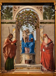 Tronująca Madonna z Dzieciątkiem Jezus między świętymi Jakubem i Hieronimem, autorstwa Giovanni Battista Cima da Conegliano