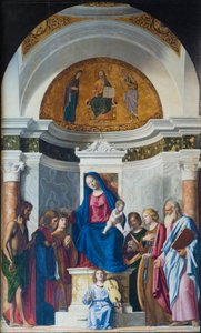 Madonna w entronie z Dzieciątkiem i św. Janem Chrzcicielem, św. Kosma, św. Damian, ok. 1507 (olej na drewnie) autorstwa Giovanni Battista Cima da Conegliano