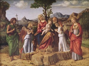 Święta Rozmowa (Święta Rodzina w otoczeniu aniołów, św. Łucji i św. Jana Chrzciciela), zatrzymanie się przed lotem do Egiptu, ok. 1490