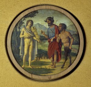 Osłona instrumentu klawiszowego z ilustracją przedstawiającą Apolla (z lirą) i Marsjasza autorstwa Giovanni Battista Cima da Conegliano