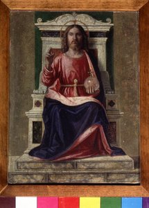 "Chrystus na tronie" Jego aureola jest oznaczona krzyżem, w lewej ręce trzyma globus zwieńczony krzyżem, a prawą ręką czyni znak błogosławieństwa. Obraz Giovanniego Battisty Cima da Conegliano (ok. 1459-1517) ok. 1505 Dim