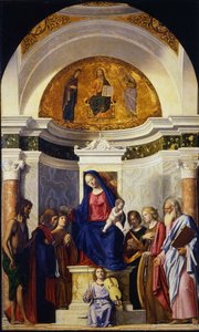 Dziewica z Dzieciątkiem ze świętymi Janem Chrzcicielem, Kosmą i Damianem, Katarzyną i Pawłem, ok. 1506-1507 autorstwa Giovanni Battista Cima da Conegliano
