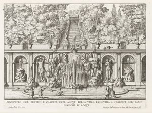 Cascade en Teatro delle Acque in de tuinen van de Villa Torlonia te Frascati Perspektywa teatru i kaskady wodnej Willi Ludovisia (...) (tytuł na obiekcie) Fontanny willi Frascati (tytuł serii) Fonteinen van Frascati (tytuł serii) autorstwa Giovanni Battista Falda