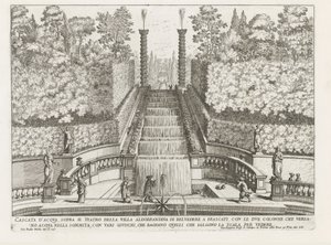 Cascade in de tuinen van de Villa Aldobrandini te Frascati Wodospad nad teatrem Villa Aldobrandina di Belvedere we Frascati (...) (tytuł na obiekcie) Fontanny willi Frascati (tytuł serii) Fonteinen van Frascati (tytuł serii) autorstwa Giovanni Battista Falda