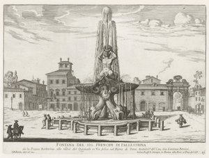 Fontanna Trytona przy Piazza Barberini te Rome Fontanna Pana Prencipe di Pallestrina (tytuł na obiekcie) Fontanny Rzymu (tytuł serii) Fonteinen van Rome (tytuł serii) autorstwa Giovanni Battista Falda