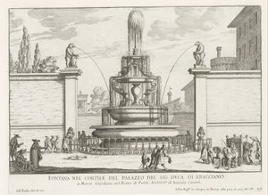 Fontein in de binnenplaats van Palazzo Taverna te Rome Fontanna na dziedzińcu pana książę Bracciano (tytuł na obiekcie) Fontanny Rzymu (tytuł serii) Fonteinen van Rome (tytuł serii) autorstwa Giovanni Battista Falda