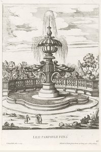 Fontanna w ogrodach Villa Doria Pamphilj w Rzymie Lilii Pamphylii fons (tytuł na obiekcie) Le fontane ne palazzi e ne giardini di Roma (tytuł serii) Fontanny w pałacach i ogrodach Rzymu (tytuł serii) autorstwa Giovanni Battista Falda