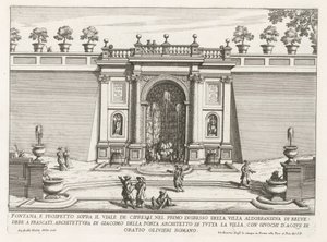 Fontein in de tuinen van de Villa Aldobrandini te Frascati Fontanna i elewacja nad aleją cyprysową (...) (tytuł na obiekcie) Fontanny willi Frascati (tytuł serii) Fonteinen van Frascati (tytuł serii) autorstwa Giovanni Battista Falda