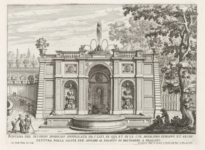 Fontein in de tuinen van de Villa Aldobrandini te Frascati Fontanna w drugim wejściu podwojona z boków (...) (tytuł na obiekcie) Fontanny willi Frascati (tytuł serii) Fonteinen van Frascati (tytuł serii) autorstwa Giovanni Battista Falda