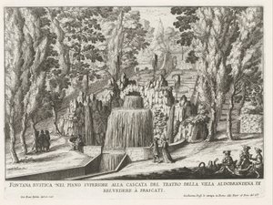 Fontein in de tuinen van de Villa Aldobrandini te Frascati Rustykalna fontanna na piętrze przy wodospadzie teatru (...) (tytuł na obiekcie) Fontanny willi Frascati (tytuł serii) Fonteinen van Frascati (tytuł serii) autorstwa Giovanni Battista Falda