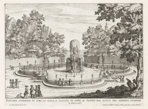 Fontein in de tuinen van de Villa Torlonia te Frascati Fontanna górna na szczycie klatki schodowej i wodospad nad teatrem (...) (tytuł na obiekcie) Fontanny willi Frascati (tytuł serii) Fonteinen van Frascati (tytuł serii) autorstwa Giovanni Battista Falda