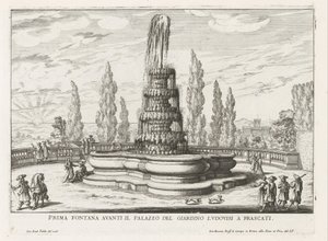 Fontein in de tuinen van de Villa Torlonia te Frascati Pierwsza fontanna przed Palazzo del Giardino Ludovisi we Frascati (tytuł na obiekcie) Fontanny willi Frascati (tytuł serii) Fonteinen van Frascati (tytuł serii) autorstwa Giovanni Battista Falda