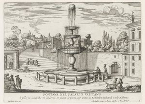 Fontanna w Watykanie Fontana nel Palazzo Vaticano (tytuł na obiekcie) Fontane di Roma (tytuł serii) Fontanny Rzymu (tytuł serii) autorstwa Giovanni Battista Falda