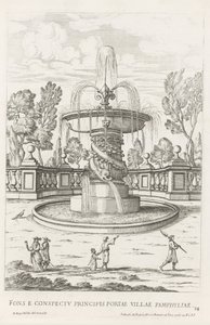 Fontein met dolfijnen in de tuinen van Villa Doria Pamphilj te Rome Fontanna przed bramą książęcą miasta Pamfilia (tytuł na obiekcie) Le fontane ne palazzi e ne giardini di Roma (tytuł serii) Fonteinen in de paleizen en tuinen van Rome (seria titl autorstwa Giovanni Battista Falda