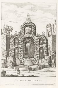 Fontanna z gołębiami w ogrodach Villa Doria Pamphilj w Rzymie Columbae Pamphyliae fons (tytuł na obiekcie) Le fontane ne palazzi e ne giardini di Roma (tytuł serii) Fontanny w pałacach i ogrodach Rzymu (tytuł serii) autorstwa Giovanni Battista Falda