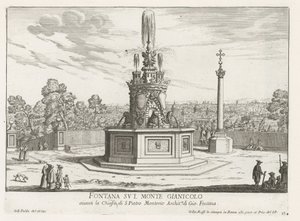 Fontein op Piazza San Pietro in Montorio op de Janiculumberg te Rome Fontanna na Górze Gianicolo (tytuł na obiekcie) Fontanny Rzymu (tytuł serii) Fonteinen van Rome (tytuł serii) autorstwa Giovanni Battista Falda