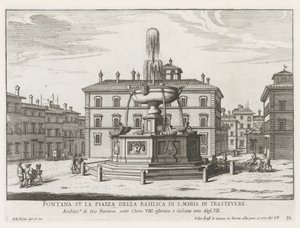 Fontein op Piazza Santa Maria in Trastevere Fontanna na placu Bazyliki S. Maria in Trastevere (tytuł na obiekcie) Fontanny Rzymu (tytuł serii) Fonteinen van Rome (tytuł serii) autorstwa Giovanni Battista Falda