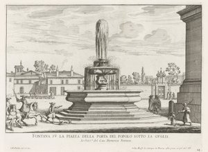 Fontein na Piazza del Popolo w Rzymie Fontanna na Piazza della Porta del Popolo pod iglicą (tytuł na obiekcie) Fontanny Rzymu (tytuł serii) Fonteinen van Rome (tytuł serii)