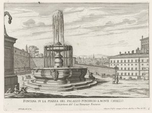 Fontein na Piazza del Quirinale w Rzymie Fontanna na placu Pałacu Papieskiego na Monte Cavallo (tytuł na obiekcie) Fontanny Rzymu (tytuł serii) Fonteinen van Rome (tytuł serii) autorstwa Giovanni Battista Falda