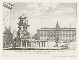 Fontein op Piazza di San Giovanni in Laterano te Rome Fontanna na Piazza di S. Giovanni Laterano pod iglicą (tytuł na obiekcie) Fontanny Rzymu (tytuł serii) Fonteinen van Rome (tytuł serii) autorstwa Giovanni Battista Falda