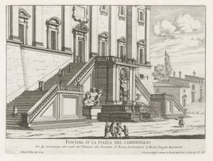 Fontanna przed Palazzo Senatorio na Kapitolu w Rzymie Fontana su la Piazza del Campidoglio (tytuł na obiekcie) Fontane di Roma (tytuł serii) Fontanny Rzymu (tytuł serii) autorstwa Giovanni Battista Falda